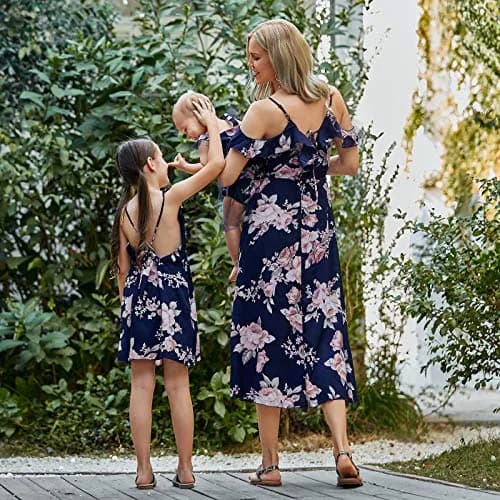 PopReal Mommy and Me Dresses Floral Printed Sleeveless Infant Baby Girl Tulle Dress Dark Blue | Family Matching Special Occasion Dress thumbnail 4