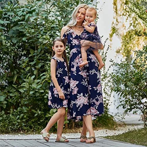 PopReal Mommy and Me Dresses Floral Printed Sleeveless Infant Baby Girl Tulle Dress Dark Blue | Family Matching Special Occasion Dress thumbnail 2