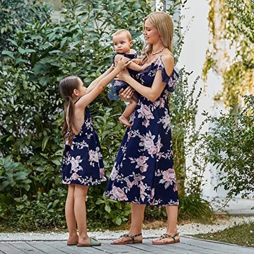 PopReal Mommy and Me Dresses Floral Printed Sleeveless Infant Baby Girl Tulle Dress Dark Blue | Family Matching Special Occasion Dress thumbnail 3