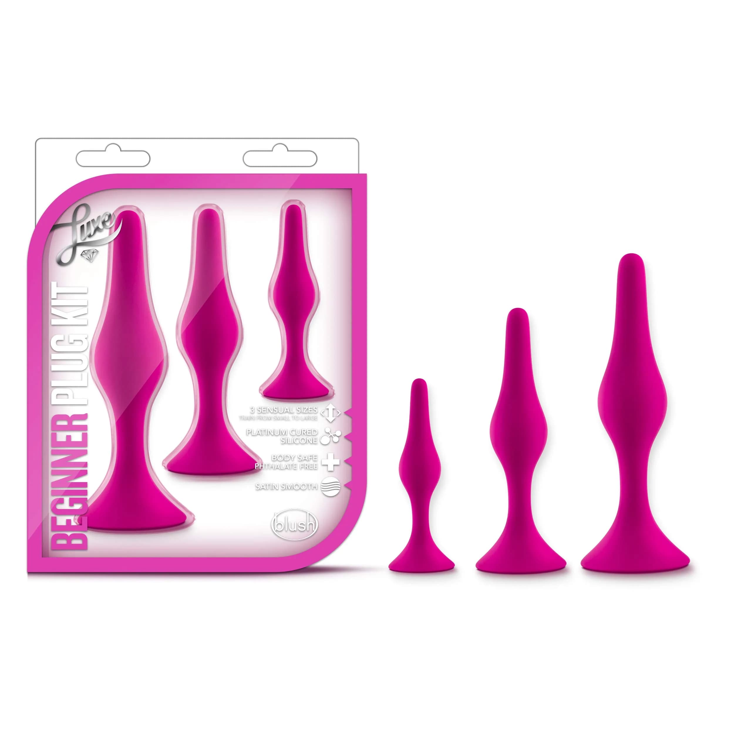 Blush Luxe Silicone Butt Plug Kit - Anal Training Set for Beginners & Advanced Users - Soft, Tapered Heads - Satin Smooth - Suction Cup Base - Pleasurable Sex Toys for Women, Men & Couples - (Pink)