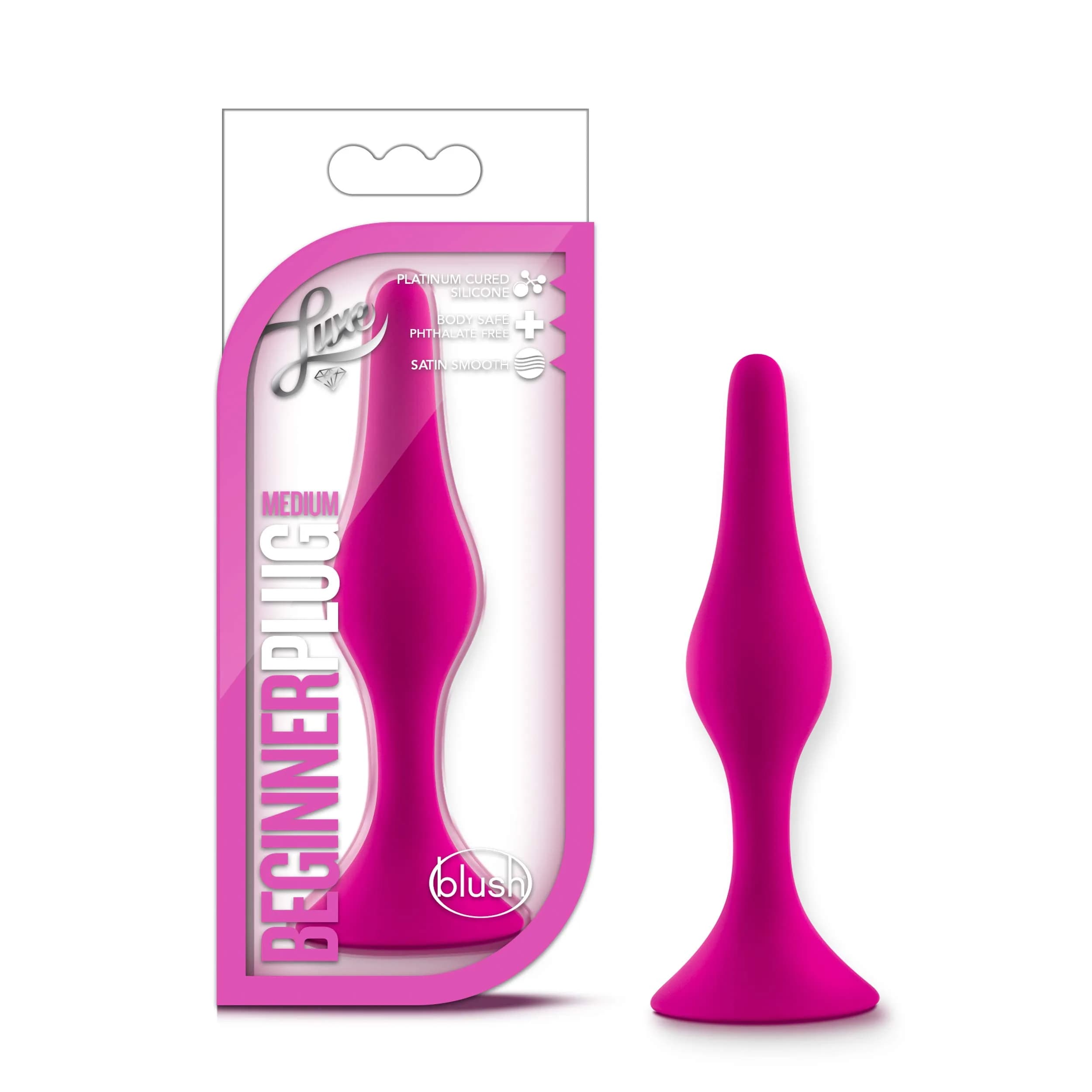 Blush Luxe Beginner 4.25" Silicone Butt Plug - Satin Smooth Anal Trainer with Soft Tapered Tip and Suction Cup Base - Beginner's Medium Slim Bum Plug Adult Sex Toy for Women, Men & Couples - (Pink) - main product image