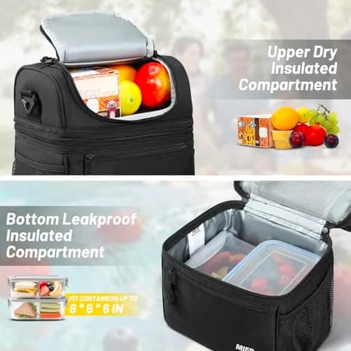 MIER Insulated Lunch Box Bag Dual Compartment Black | Keeps Hot & Cold Foods Separate thumbnail 4