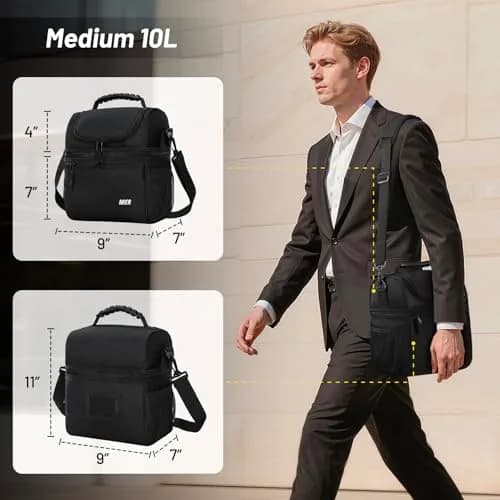 MIER Insulated Lunch Box Bag Dual Compartment Black | Keeps Hot & Cold Foods Separate thumbnail 2