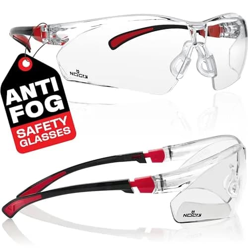 NoCry Clear Safety Glasses with Anti-Fog & Scratch Resistant Lenses | ANSI Z87 Certified Protective Eyewear — Black & Red