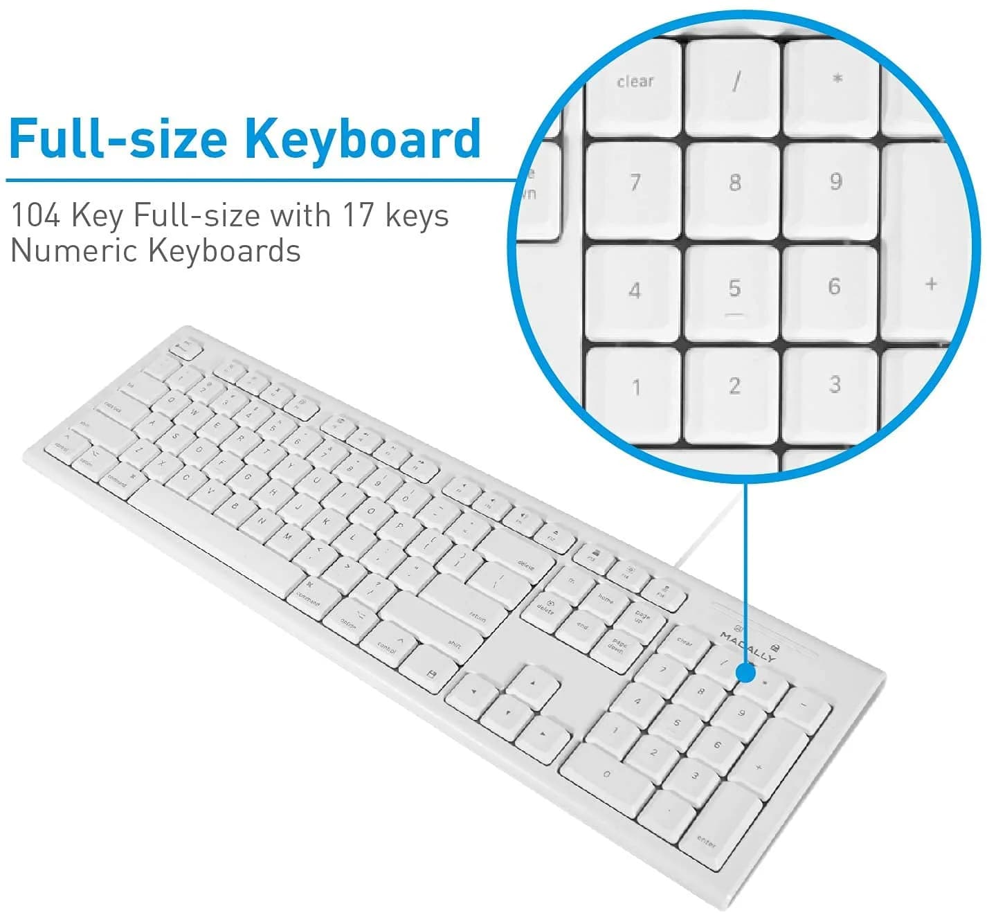 Macally QKEY Full-Size USB Wired Keyboard for Mac | 104-Key Layout, Numeric Keypad, Spill-Proof - view 3