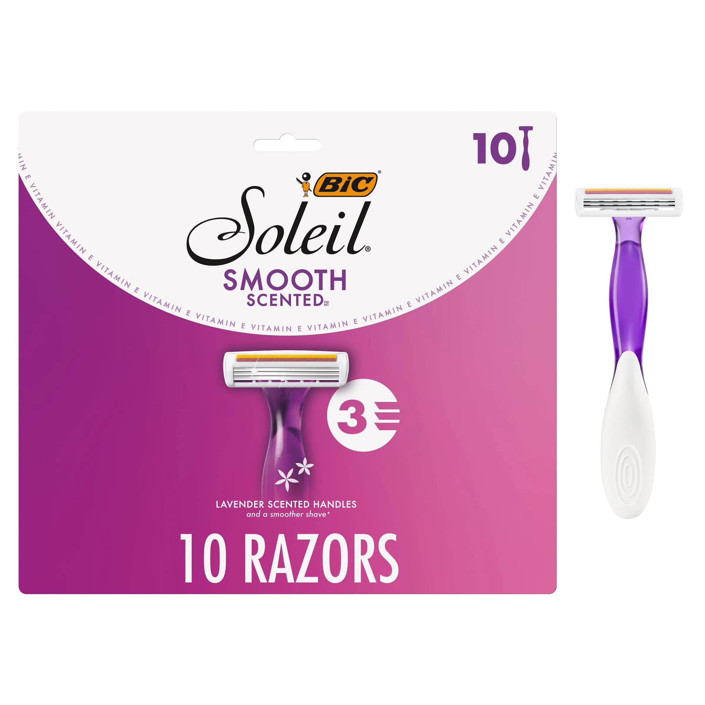 BIC Soleil 3 Disposable Razor for Women, 10 Count | 3-Blade Close Shave, Lavender Scented, Vitamin E Strip — Assorted