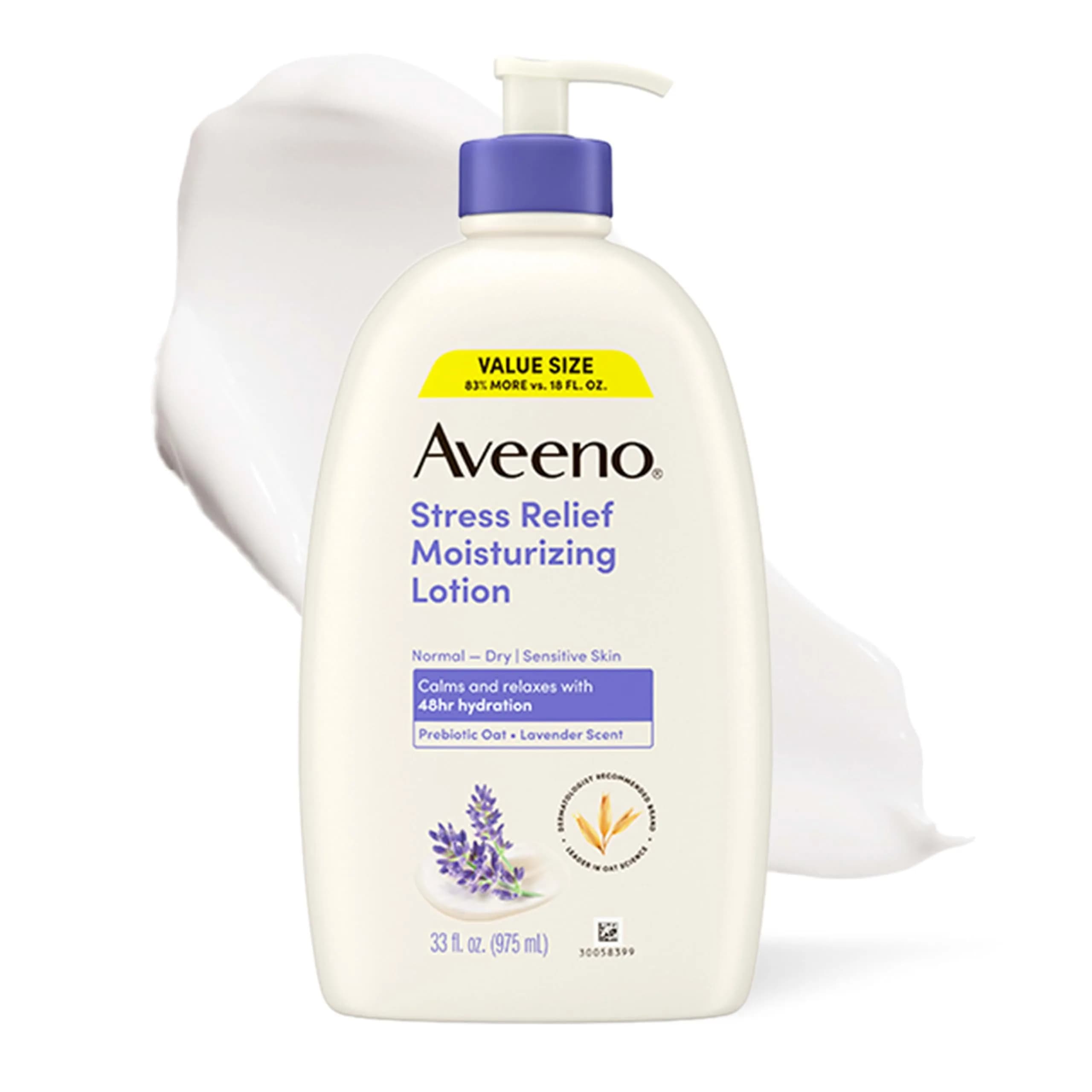 Aveeno Stress Relief Lavender Scent Body Lotion, 33 Fl Oz (Pack of 1) - 48-Hour Hydration for Sensitive Skin - main product image