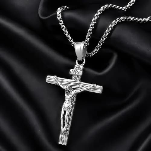 Axmerdal Stainless Steel Crucifix Cross Necklace Lord's Prayer | 24" Chain, Religious Faith Jewelry thumbnail 2