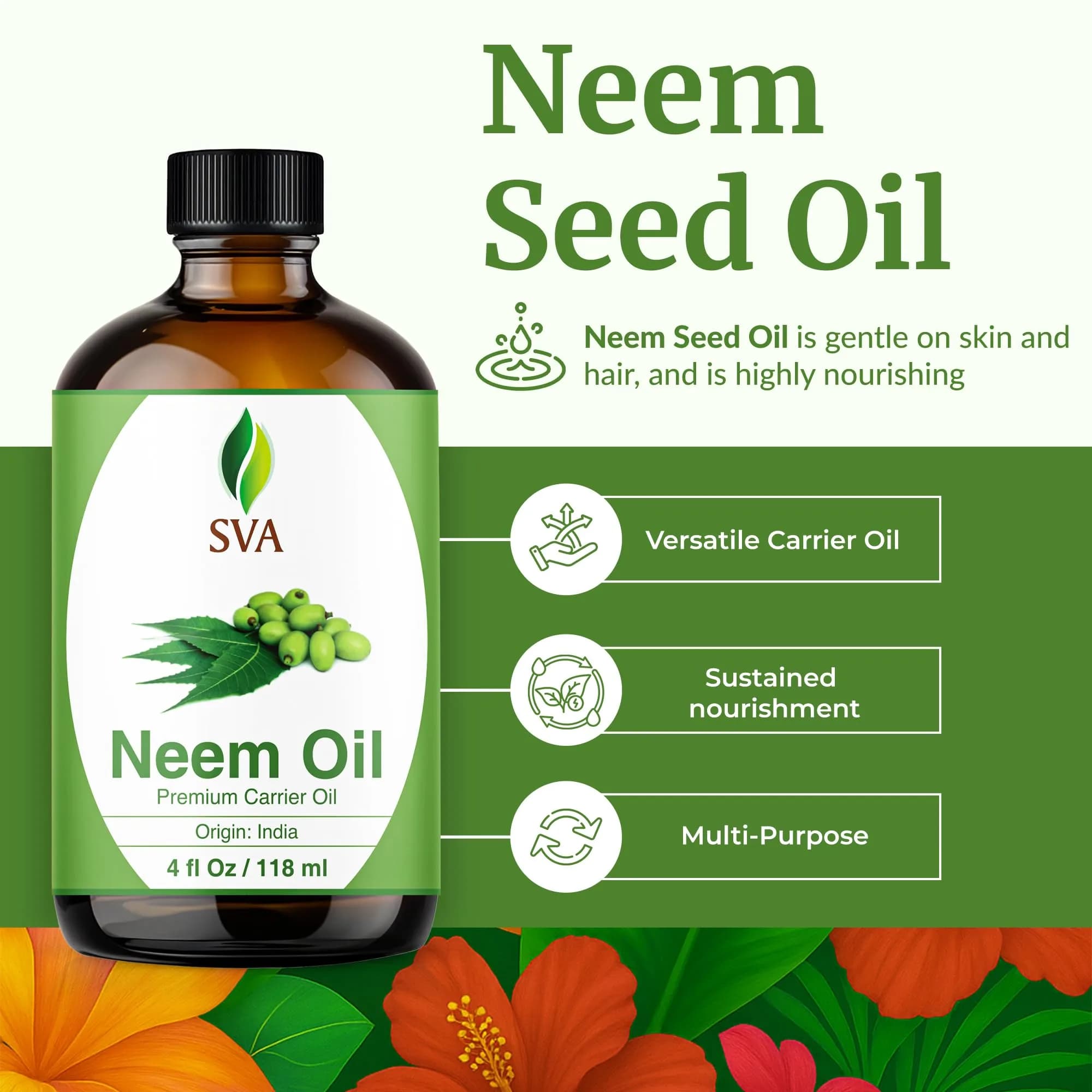 SVA ORGANICS Neem Seed Carrier Oil 118 ml (4 Fl Oz) | Cold Pressed for Hair & Skin - view 2