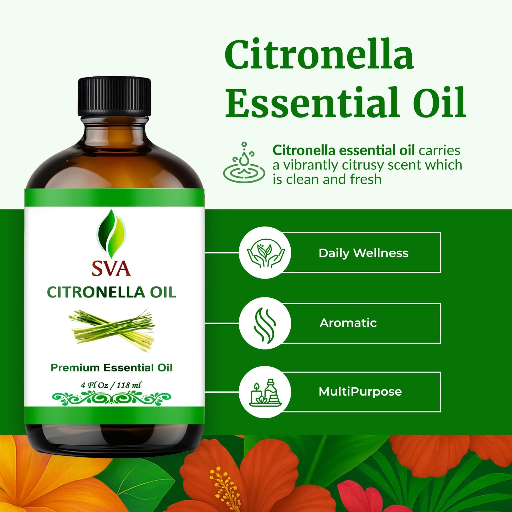 SVA ORGANICS Citronella Essential Oil 4 Fl Oz (118 mL) - Pure & Natural for Aromatherapy and Insect Repellent - view 2