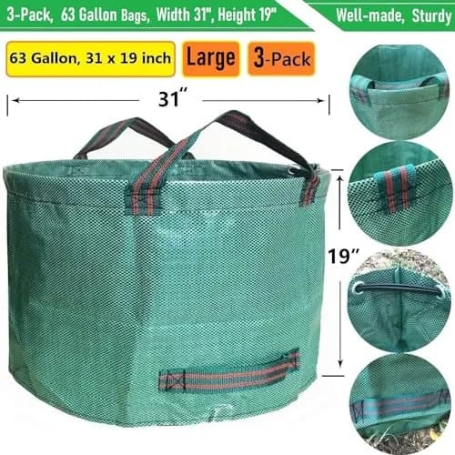 Tespher 3-Pack 63 Gallon Reusable Yard Waste Bags | Standable, Heavy Duty Lawn Debris Bin with Gloves thumbnail 4