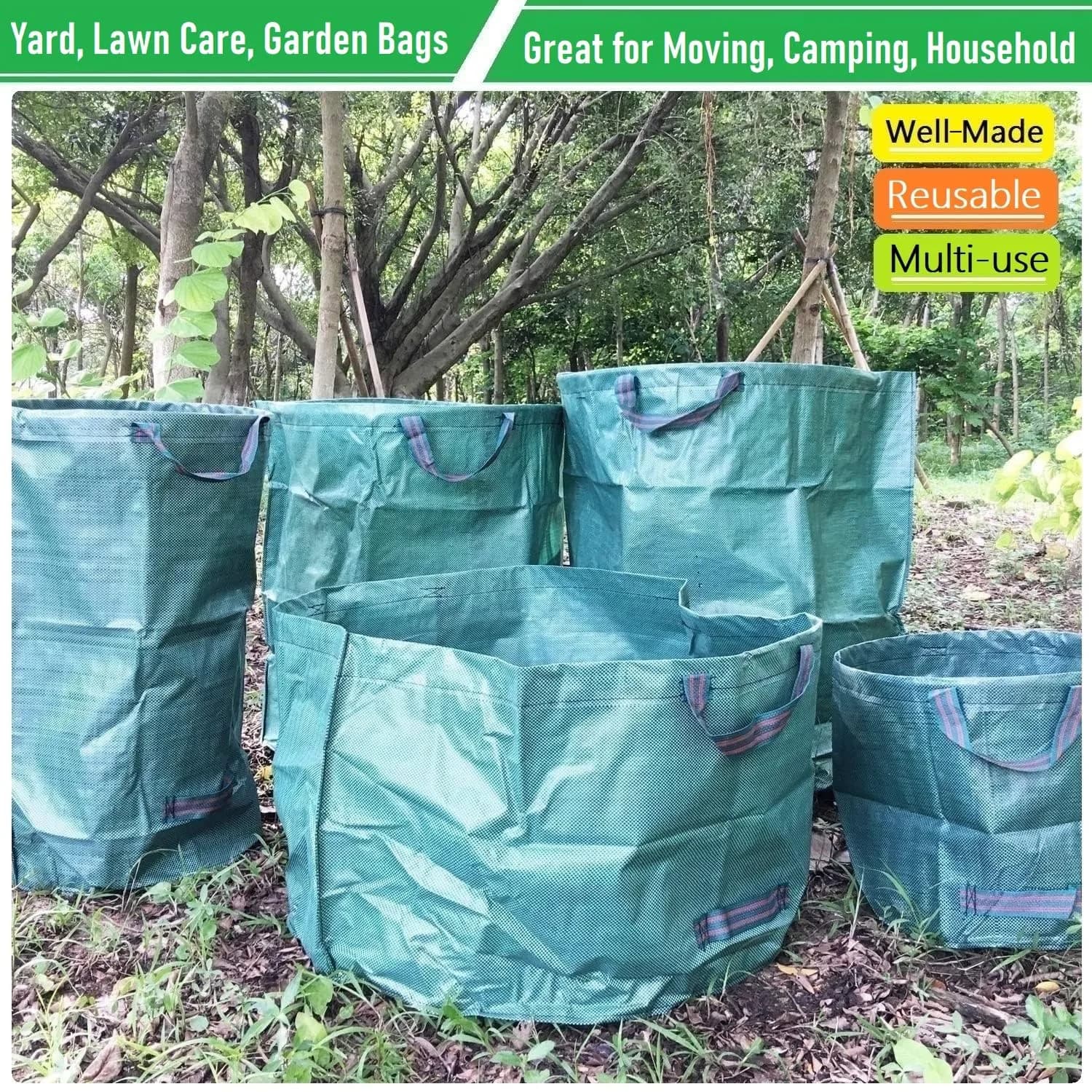 Tespher 3-Pack 63 Gallon Reusable Yard Waste Bags | Standable, Heavy Duty Lawn Debris Bin with Gloves - view 6