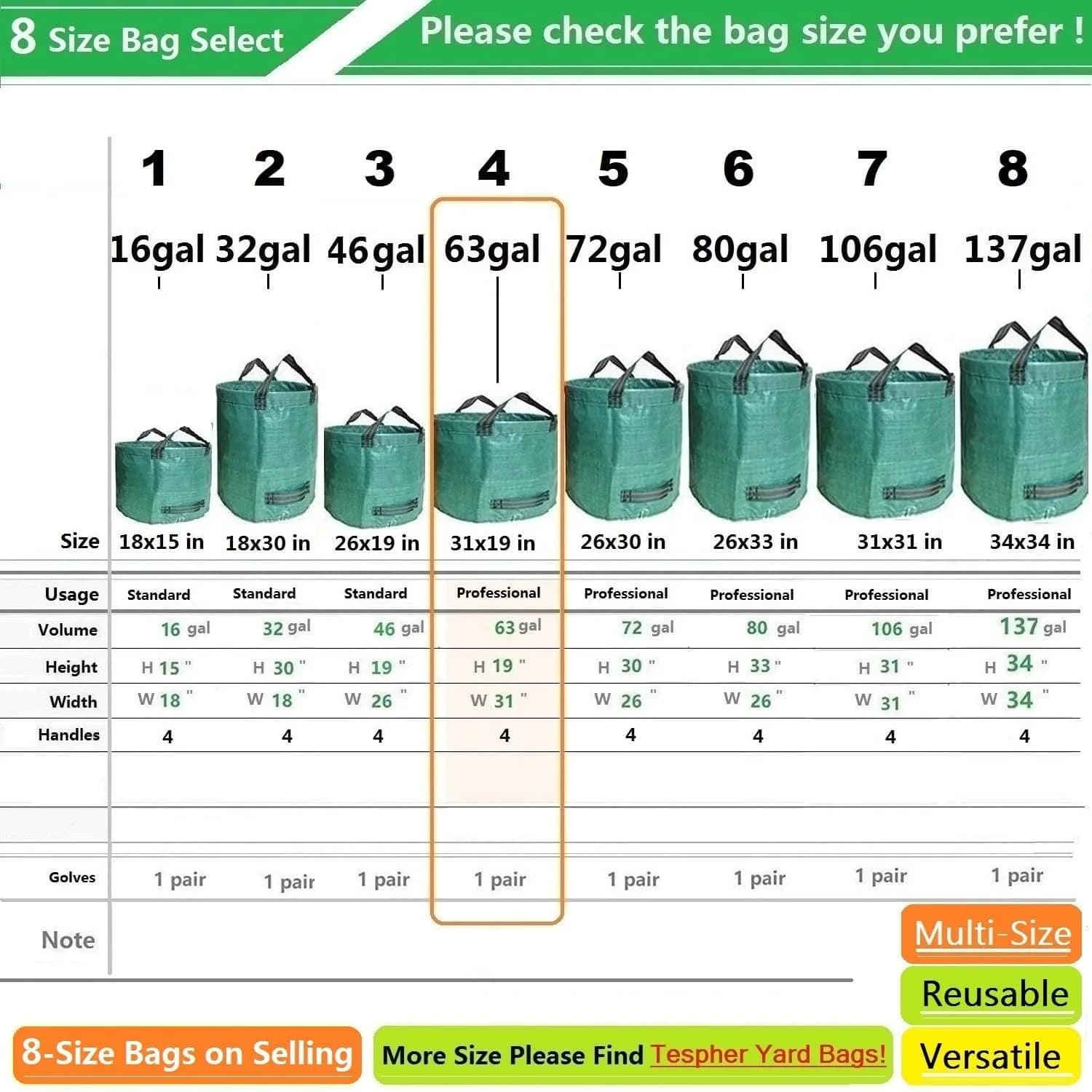 Tespher 3-Pack 63 Gallon Reusable Yard Waste Bags | Standable, Heavy Duty Lawn Debris Bin with Gloves - view 7