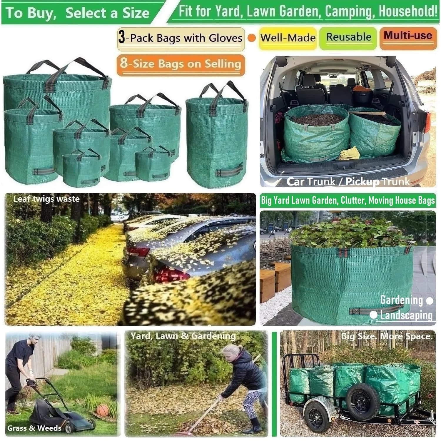 Tespher 3-Pack 63 Gallon Reusable Yard Waste Bags | Standable, Heavy Duty Lawn Debris Bin with Gloves - view 2