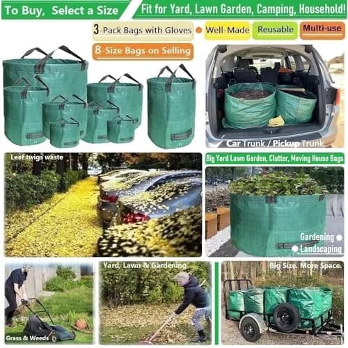 Tespher 3-Pack 63 Gallon Reusable Yard Waste Bags | Standable, Heavy Duty Lawn Debris Bin with Gloves thumbnail 2