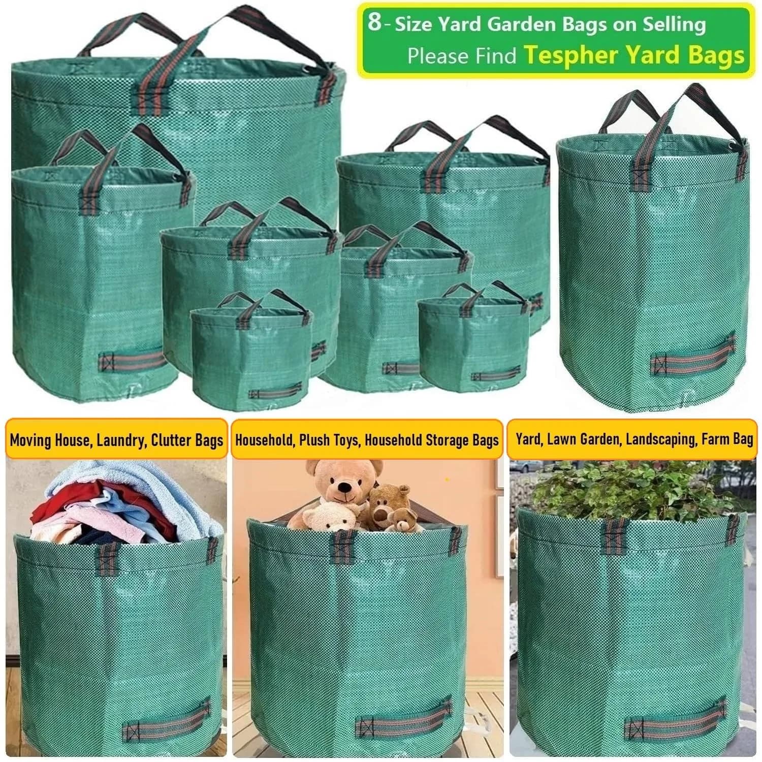 Tespher 3-Pack 63 Gallon Reusable Yard Waste Bags | Standable, Heavy Duty Lawn Debris Bin with Gloves - view 3
