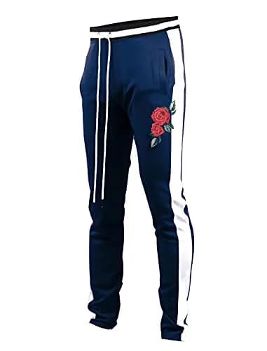 SCREENSHOT Men's Premium Workout Lifestyle Color Block Track Pants P11853-Navy-Small | Slim Fit, Mid Rise, 95% Poly/5% Spandex thumbnail 1