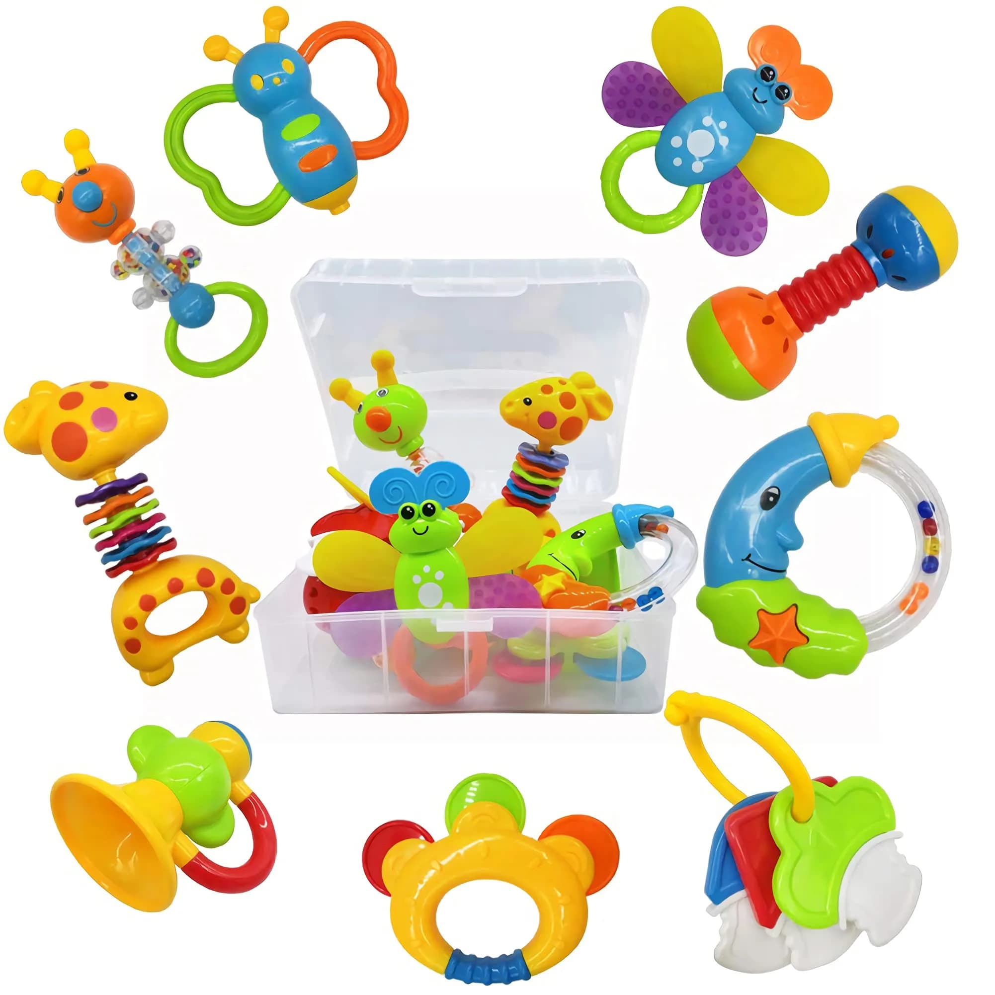 AIVIAI 9pcs Baby First Rattle Teether Toy Gift Set with Storage Box | BPA-Free, Colorful & Safe for Newborns — Blue