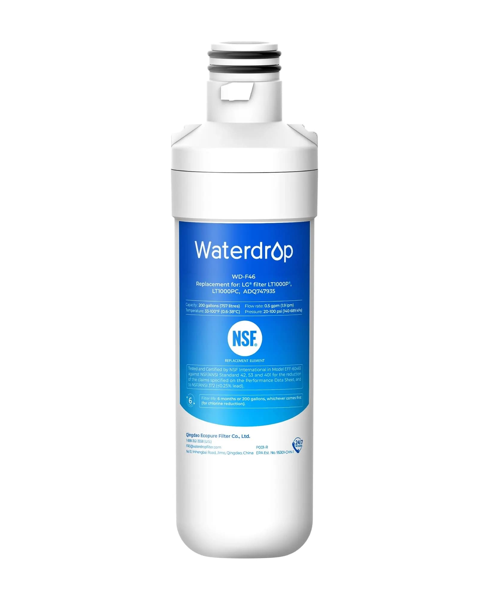 Waterdrop LT1000P Refrigerator Water Filter Replacement | NSF Certified for LG LT1000P, ADQ747935, 46-9980, 1 Count - main product image