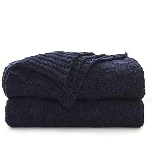 Longhui Bedding 100% Cotton Navy Blue Cable Knit Throw Blanket 50"x60" | Extra Cozy & Machine Washable thumbnail 1