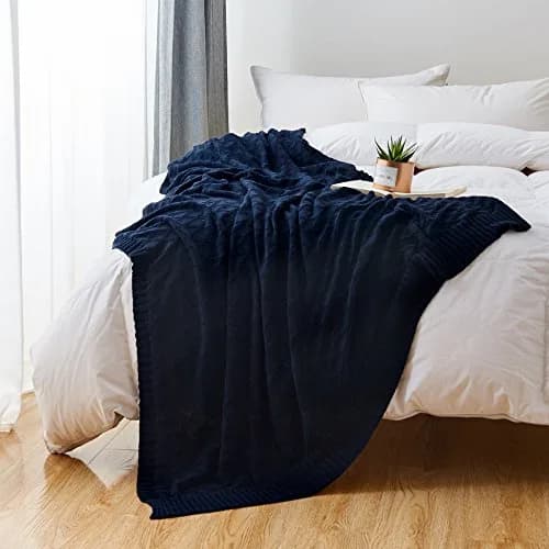Longhui Bedding 100% Cotton Navy Blue Cable Knit Throw Blanket 50"x60" | Extra Cozy & Machine Washable thumbnail 5