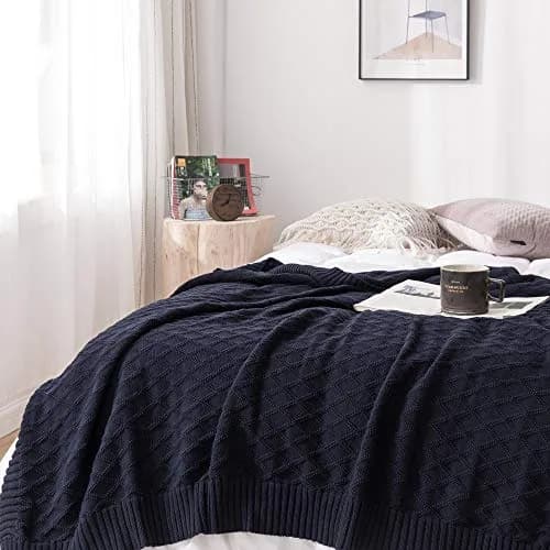 Longhui Bedding 100% Cotton Navy Blue Cable Knit Throw Blanket 50"x60" | Extra Cozy & Machine Washable thumbnail 7