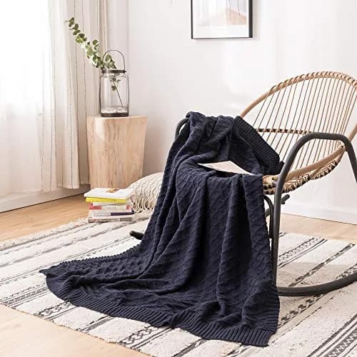 Longhui Bedding 100% Cotton Navy Blue Cable Knit Throw Blanket 50"x60" | Extra Cozy & Machine Washable thumbnail 8