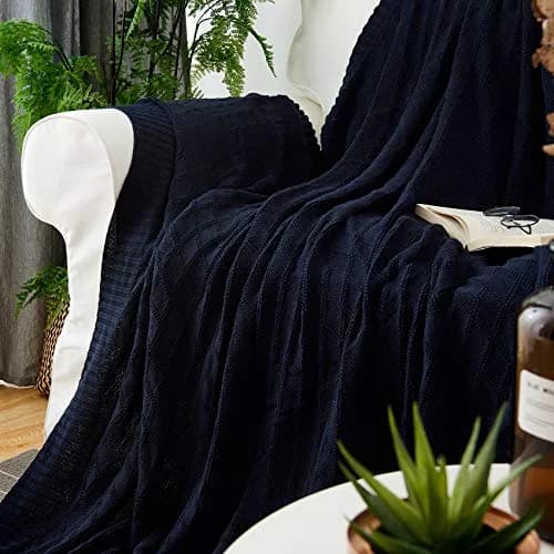 Longhui Bedding 100% Cotton Navy Blue Cable Knit Throw Blanket 50"x60" | Extra Cozy & Machine Washable thumbnail 3