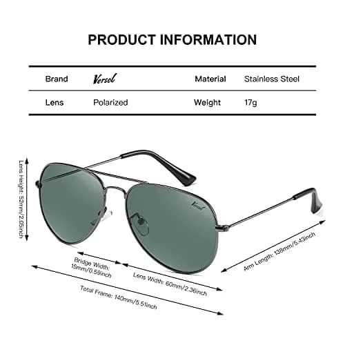 Versol Aviator Sunglasses for Men Women | Polarized Mirrored UV400 Lenses, Lightweight & Classic for Outdoors & Driving thumbnail 3