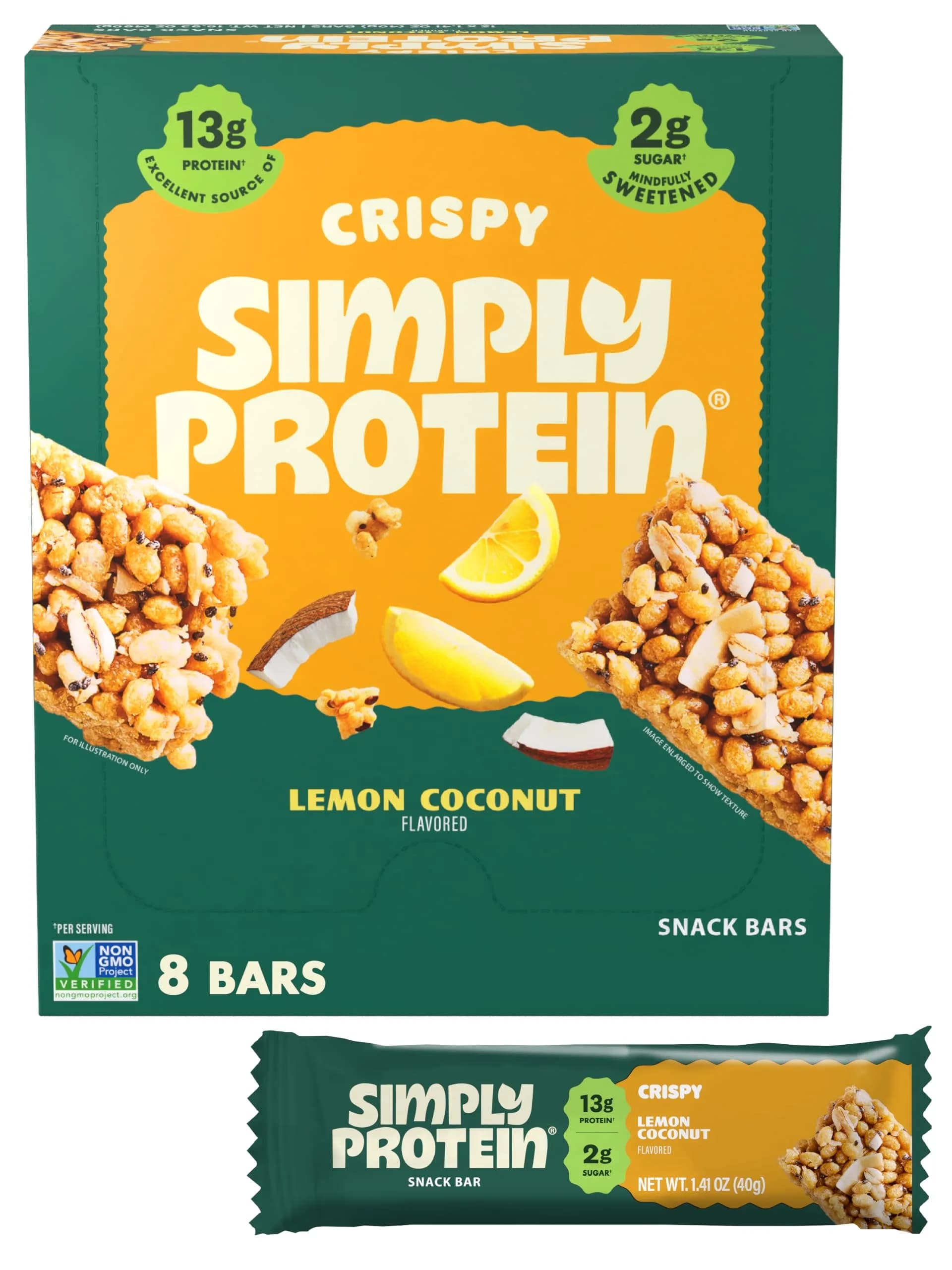 Simply Protein Lemon Coconut Crispy Bars - Plant Based Protein, Low Carb & Sugar, 13g Protein, 7g Fiber, Vegan, Gluten Free, 8 Bars