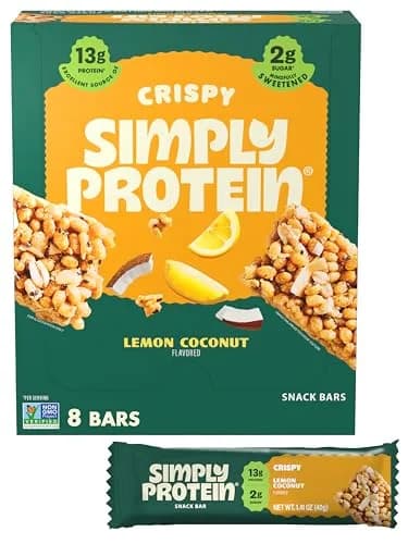 Simply Protein Lemon Coconut Crispy Bars - Plant Based Protein, Low Carb & Sugar, 13g Protein, 7g Fiber, Vegan, Gluten Free, 8 Bars thumbnail 1