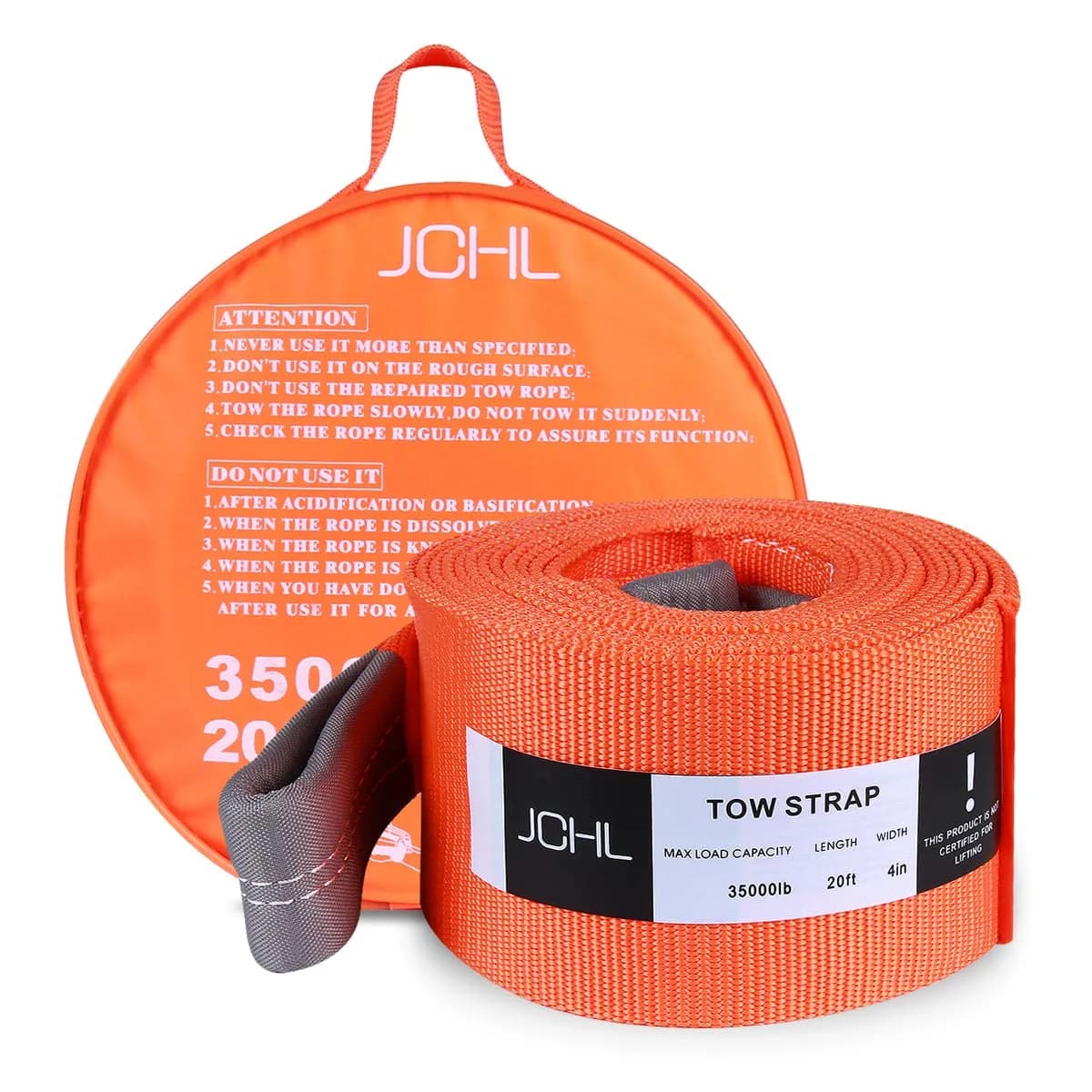 JCHL Heavy Duty Tow Strap 4" x 20ft (9072 kg / 20000 lbs) | Reinforced Loops, Storage Bag Included - main product image