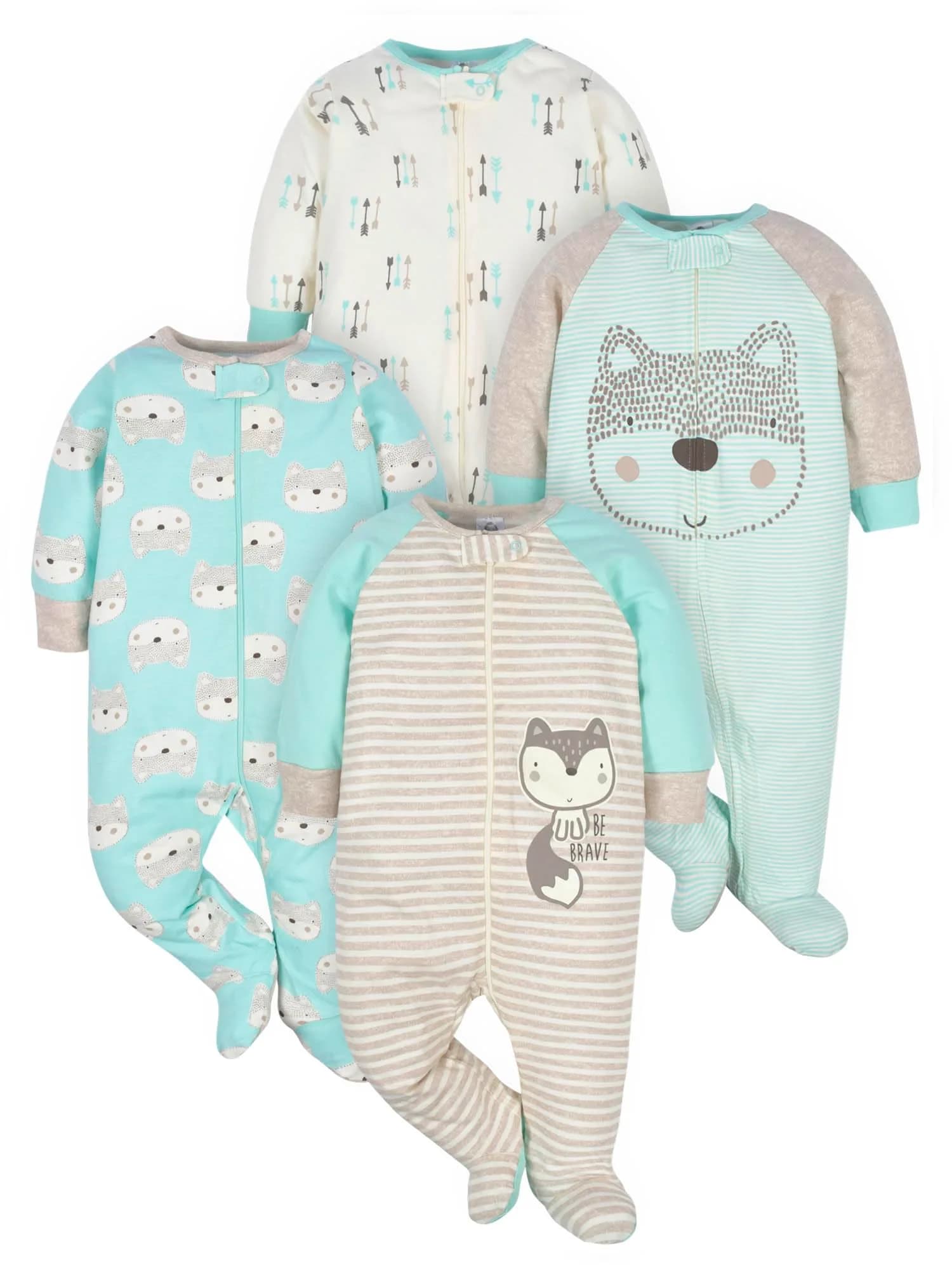 Gerber Baby Boys 4 Pack Sleep 'N Play Footie, Aqua Fox, Newborn | Breathable Cotton, Cozy & Easy Diaper Changes