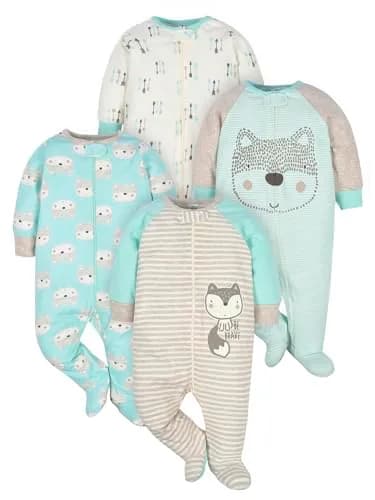 Gerber Baby Boys 4 Pack Sleep 'N Play Footie, Aqua Fox, Newborn | Breathable Cotton, Cozy & Easy Diaper Changes thumbnail 1
