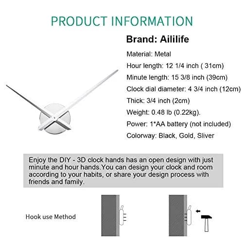 AILILIFE 3D Clock Hands Mechanism with 12.21" Hour & 15.35" Minute Hands | Silver Metal Spade Style thumbnail 6