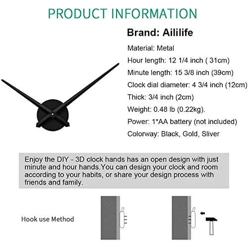 AILILIFE Large 3D Clock Hands & Movement Kit 39cm (15.35") | Modern Spade Design for DIY Wall Clocks thumbnail 6