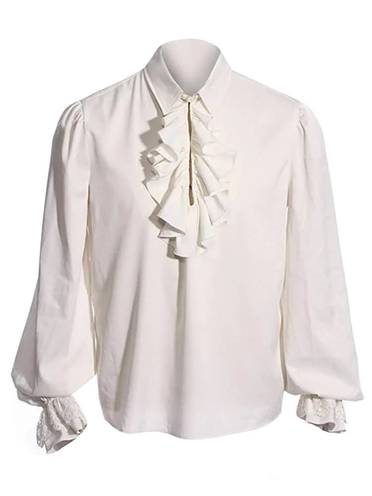 Runcati Mens Pirate Shirt Ruffle Victorian Renaissance Medieval Poet Shirts | Medieval Pirate Costume, Long Sleeve, Breathable Rayon — 01 White