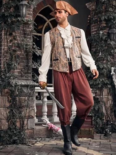 Runcati Mens Pirate Shirt Ruffle Victorian Renaissance Medieval Poet Shirts | Medieval Pirate Costume, Long Sleeve, Breathable Rayon thumbnail 7