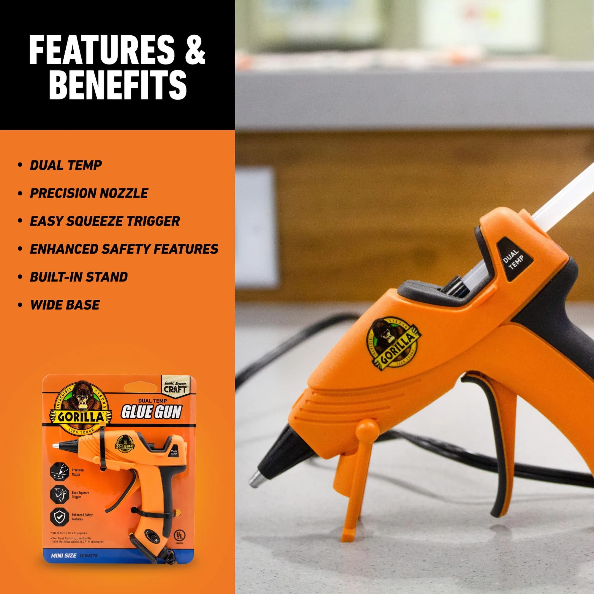 Gorilla Mini Dual Temp Hot Glue Gun | Easy Squeeze Trigger, Built-in Stand, 120V - view 2