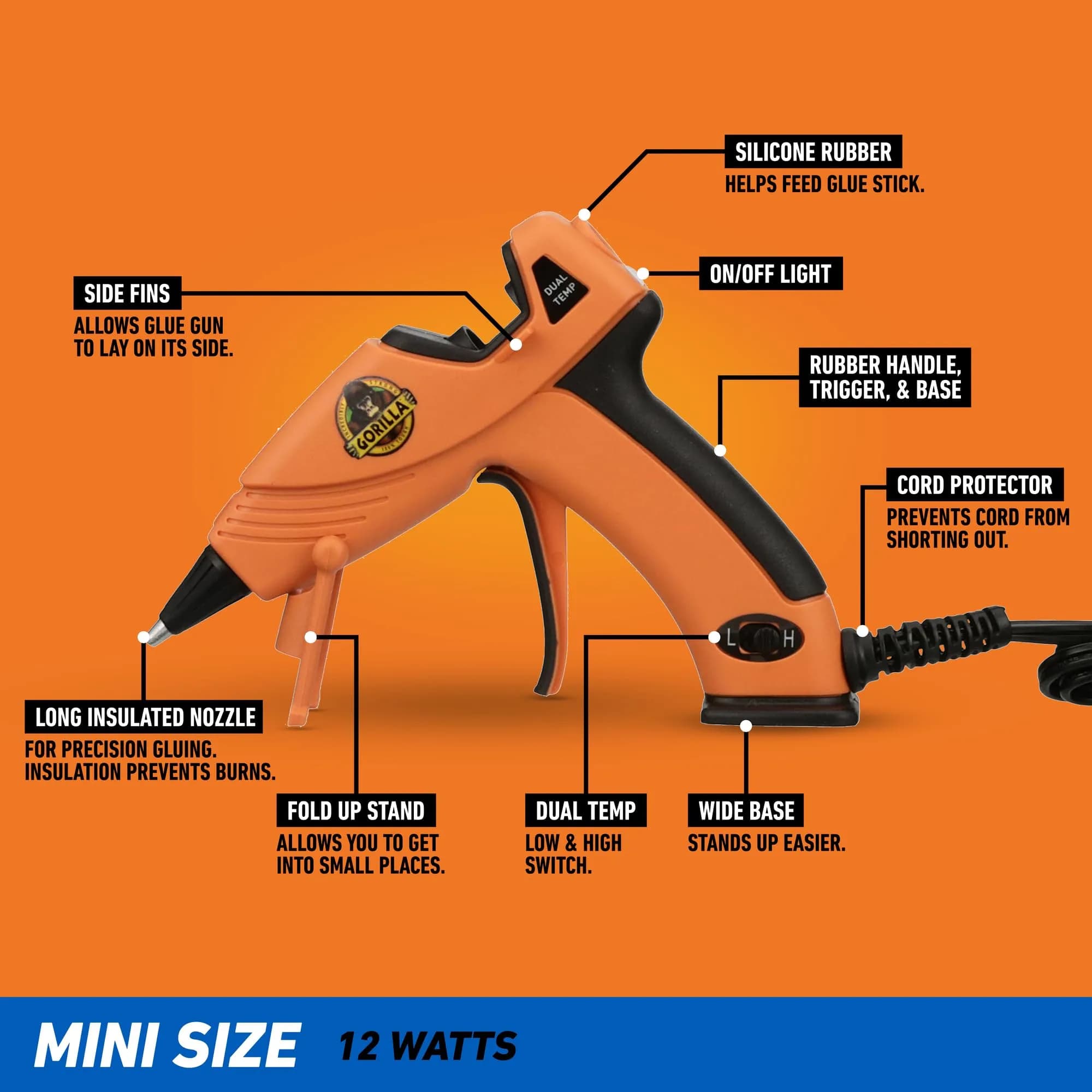 Gorilla Mini Dual Temp Hot Glue Gun | Easy Squeeze Trigger, Built-in Stand, 120V - view 3