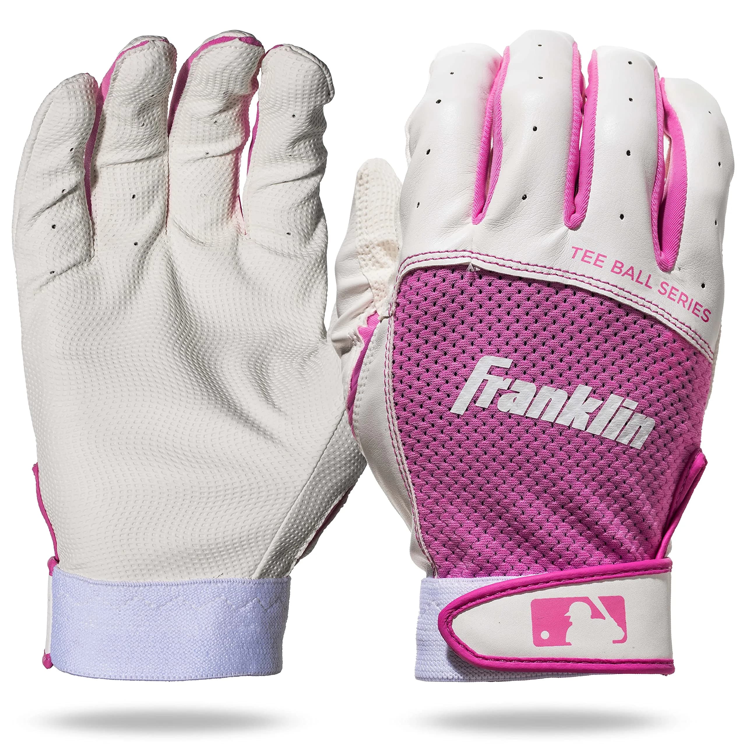 Franklin Sports Youth Flex Batting Gloves - Tee Ball Small - White/Pink | Seamless Palm, Textured Grip, Contour Fit, First Batting Glove for Boys & Girls