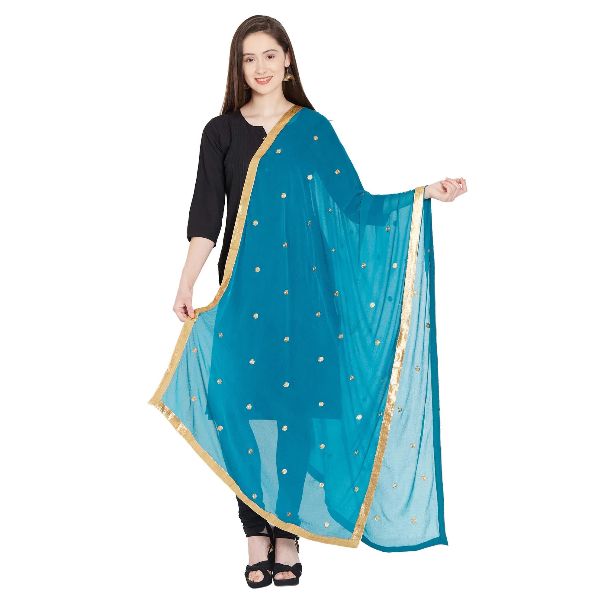 DUPATTA BAZAAR Embroidered Blue Chiffon Dupatta 240cm x 92cm | Traditional Elegant Style — Peacock Blue