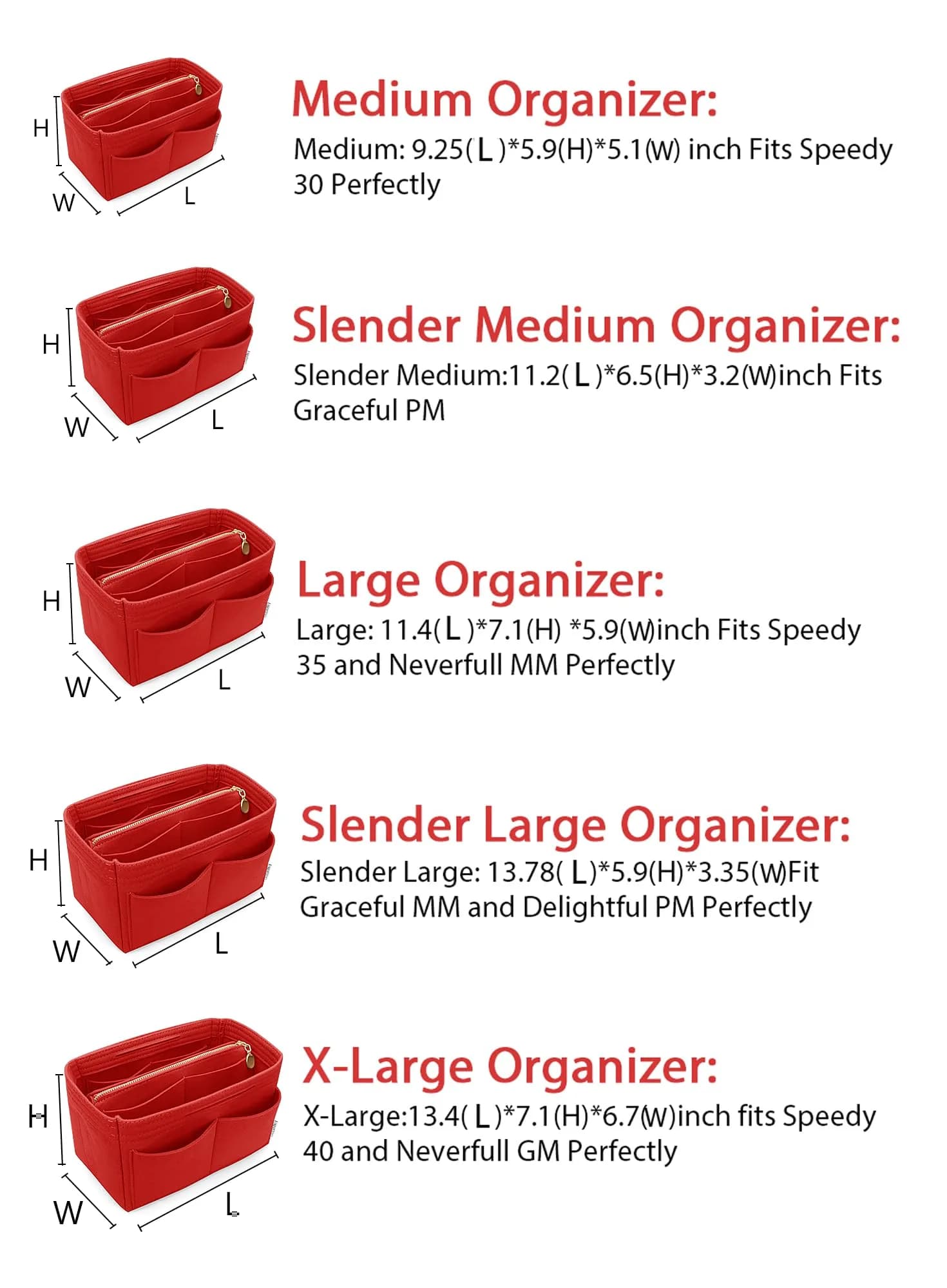 LEXSION Large Felt Purse Bag Organizer Insert with Zipper & Key Chain, Red, 29cm (11.4in) | Keeps Handbags Shipshape - view 6