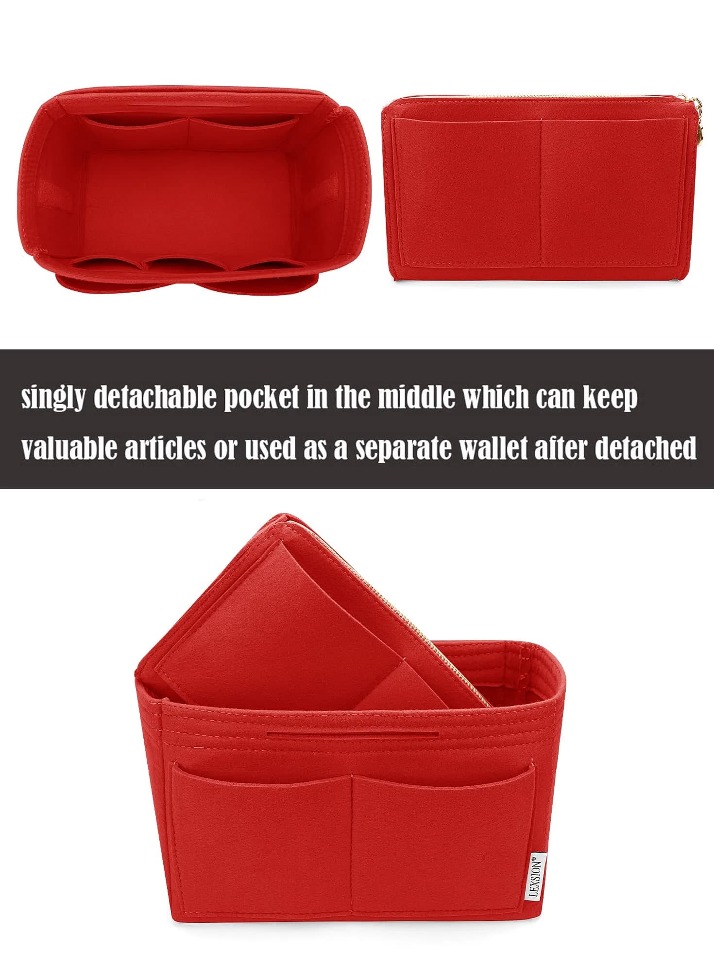 LEXSION Large Felt Purse Bag Organizer Insert with Zipper & Key Chain, Red, 29cm (11.4in) | Keeps Handbags Shipshape - view 2