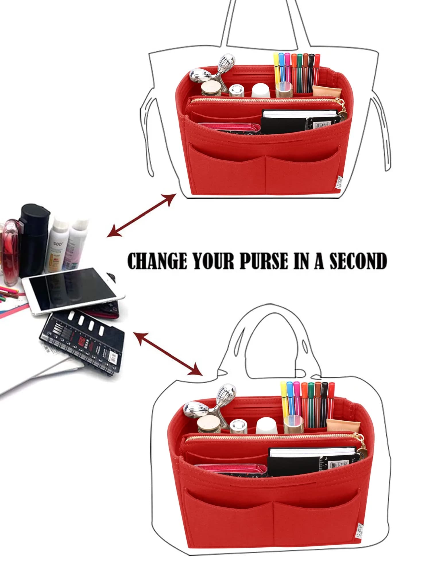 LEXSION Felt Purse Organizer Insert with Zipper, Red XL | 34cm (13.4") Bag Organizer for Speedy 40 & Neverfull GM - view 5
