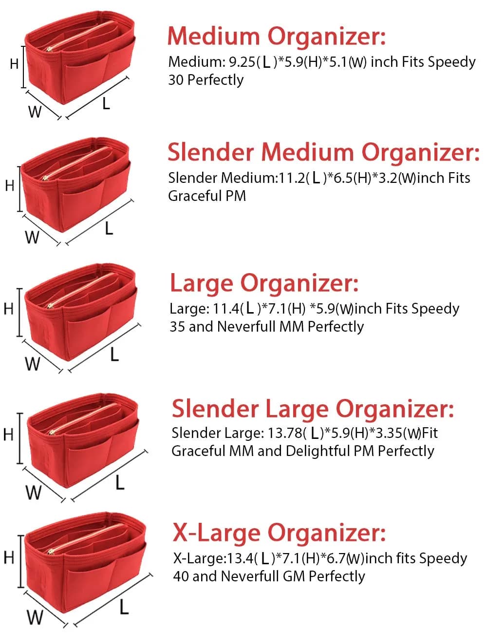 LEXSION Felt Purse Organizer Insert with Zipper, Red XL | 34cm (13.4") Bag Organizer for Speedy 40 & Neverfull GM - view 7
