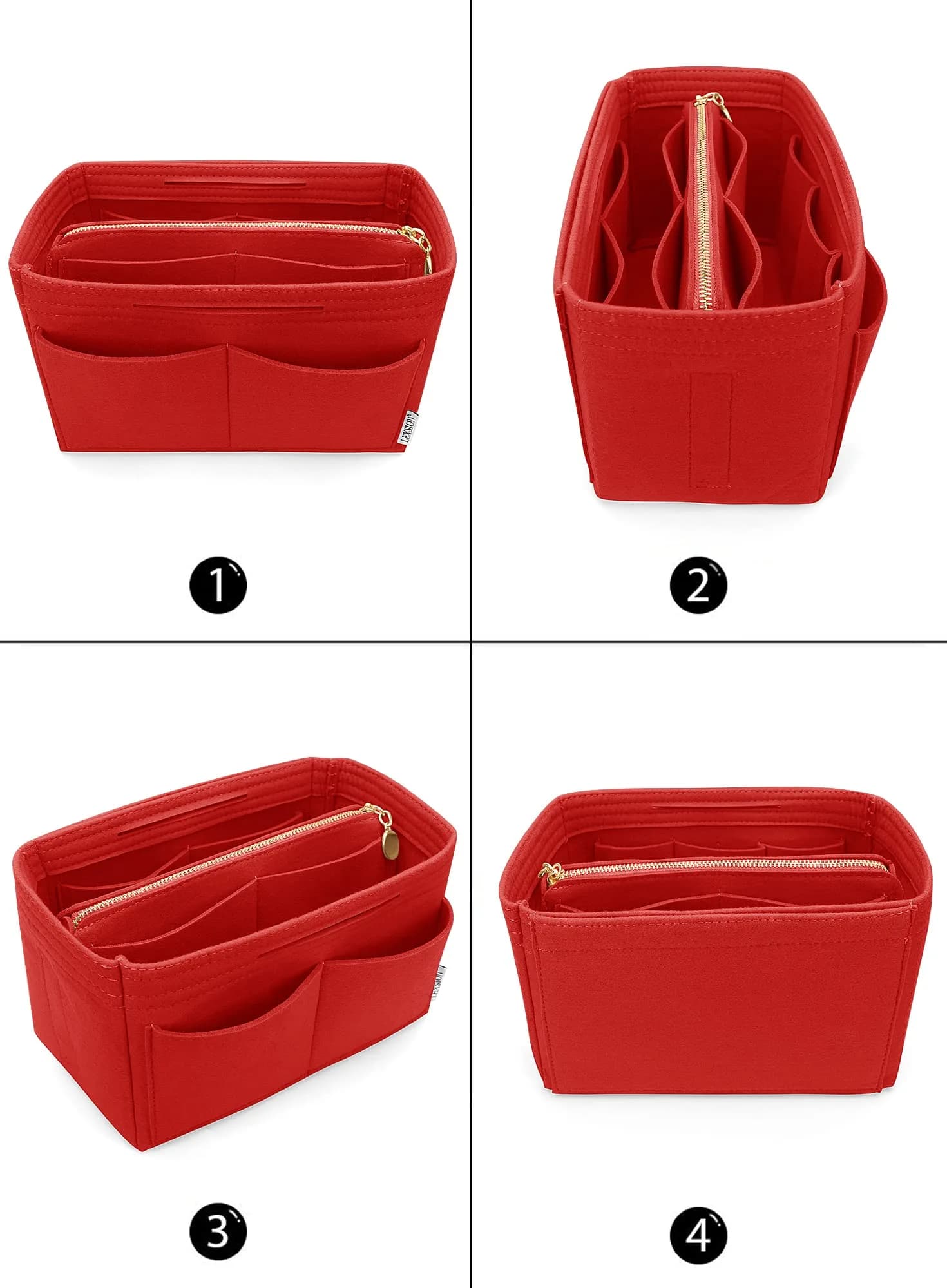 LEXSION Felt Purse Organizer Insert with Zipper, Red XL | 34cm (13.4") Bag Organizer for Speedy 40 & Neverfull GM - view 3