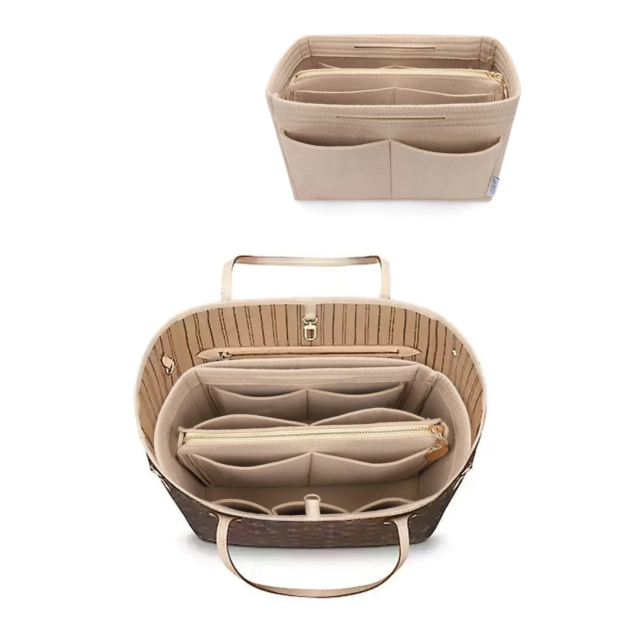 LEXSION Felt Purse Bag Organizer Insert with Zipper, Beige XL | Keeps Handbags Shipshape