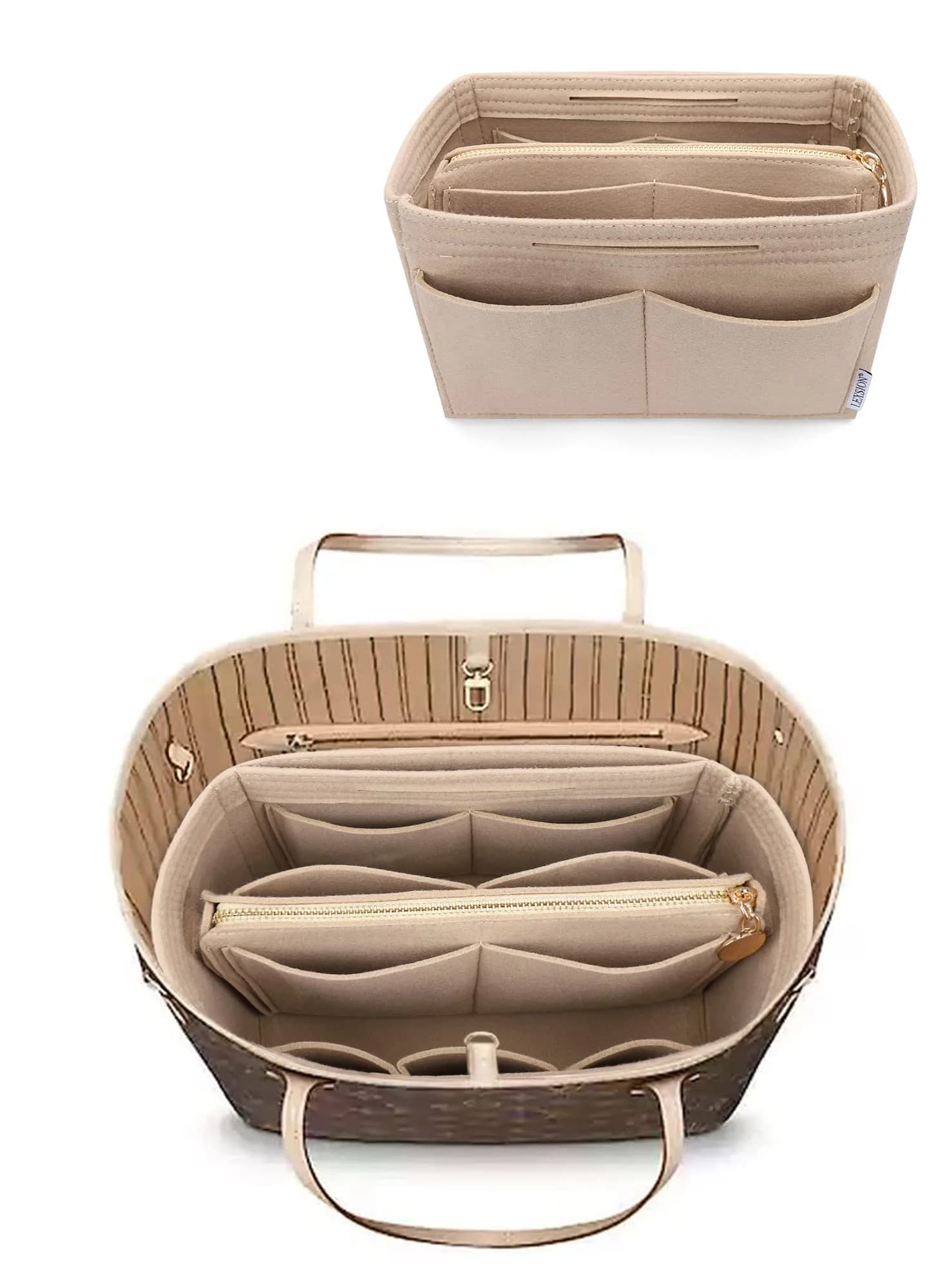 LEXSION Felt Purse Bag Organizer Insert with Zipper, Beige XL | Keeps Handbags Shipshape - main product image