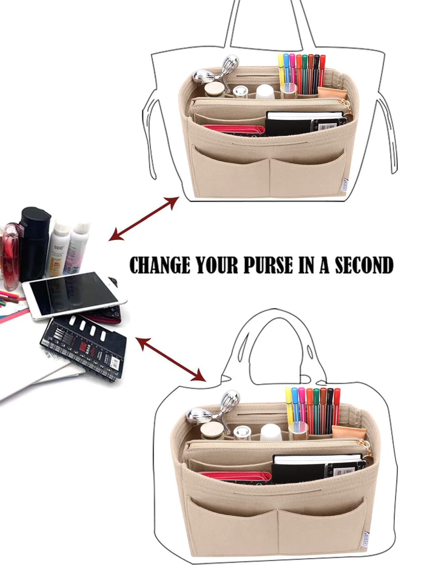 LEXSION Felt Purse Bag Organizer Insert with Zipper, Beige XL | Keeps Handbags Shipshape - view 5